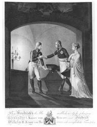 In der Nähe der Asche von Friedrich II. dem Großen von Preußen (1712-86), schwören Zar Alexander I. (1777-1825) und König Friedrich Wilhelm III. von Preußen (1770-1840) ewige Freundschaft, in Potsdam in der Nacht